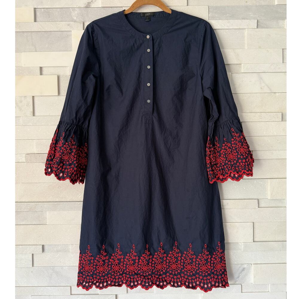 J CREW 100% Cotton Eyelet Trim Sheath Midi Dress S Navy Red Broderie Anglaise